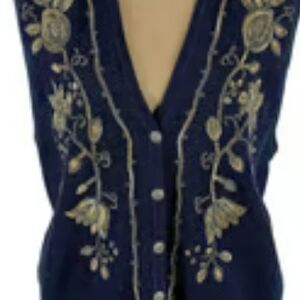 Vtg Koret MP Navy Blue  Embroidered RamieCotton V-NeckButtonUp Knit Women’s Vest